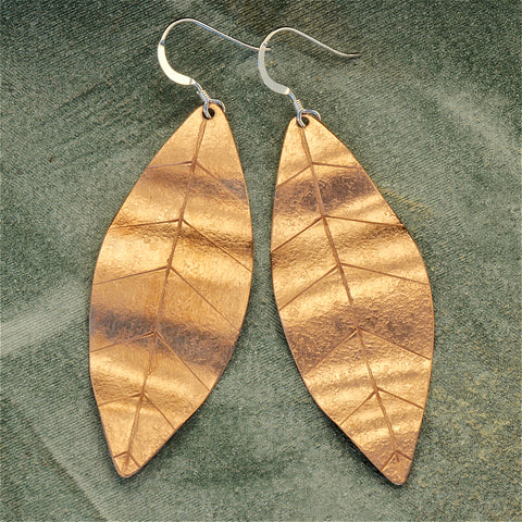 Copper leaf earrings - lg.