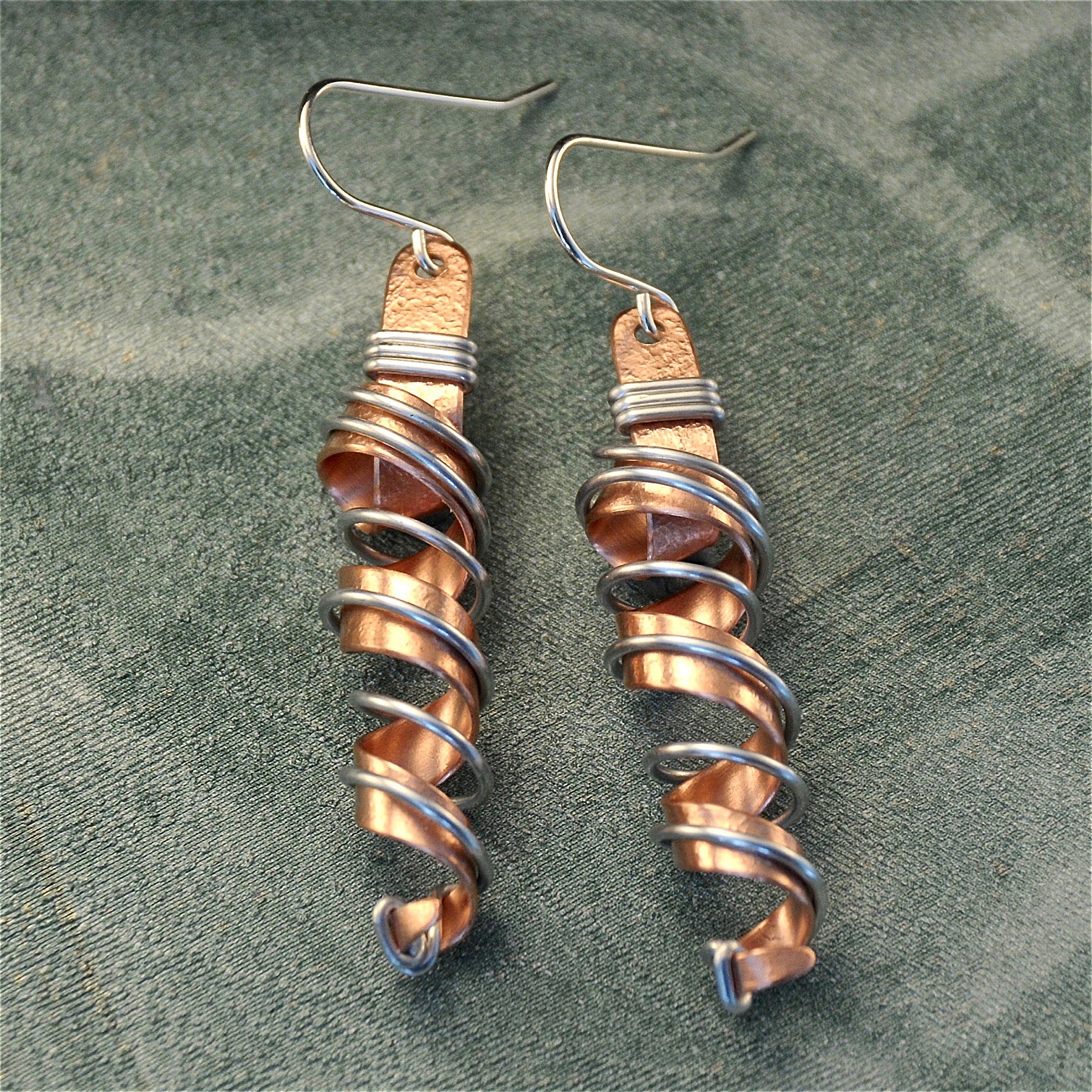 Tall wire wrapped twirly copper earrings