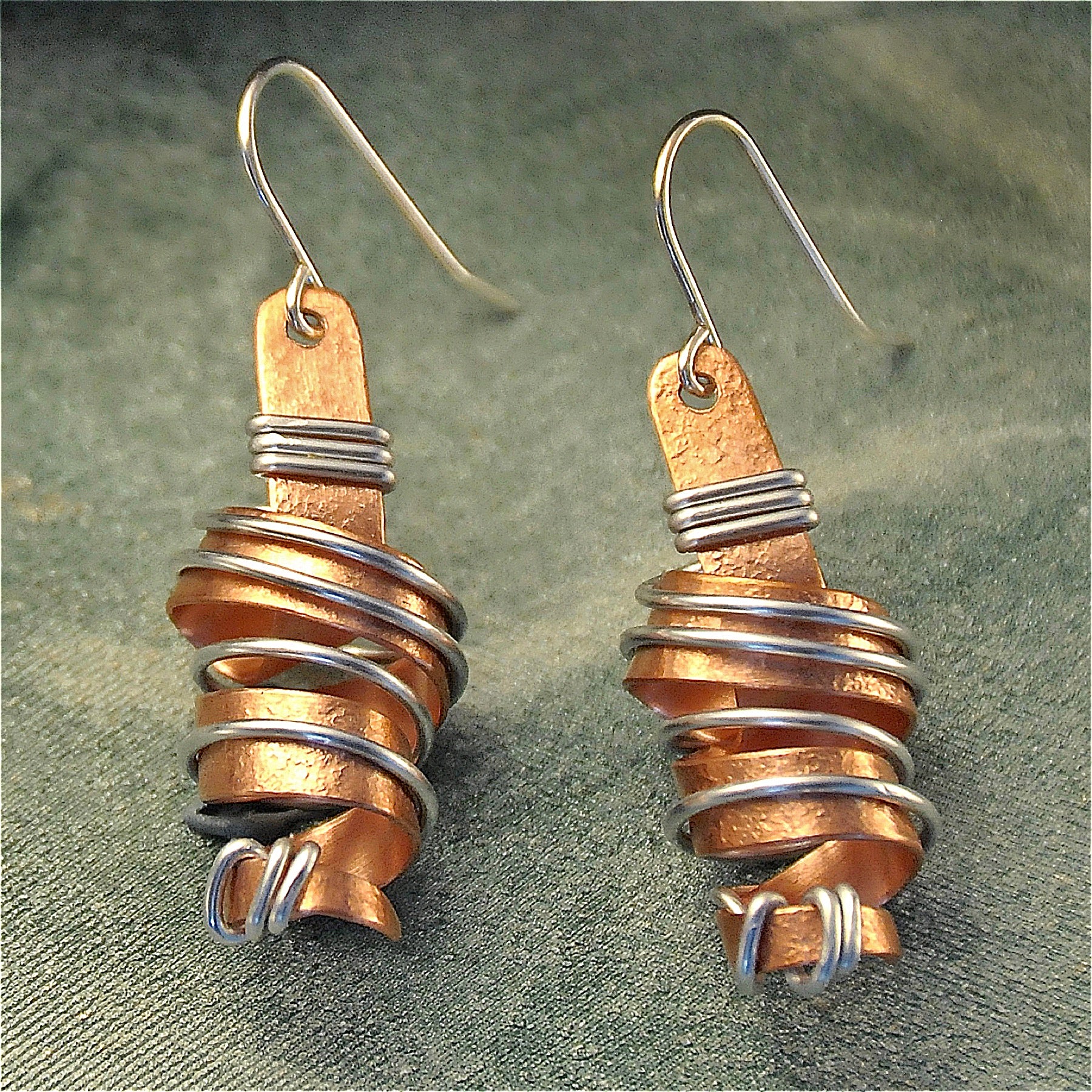 Small wire wrapped twirly copper earrings